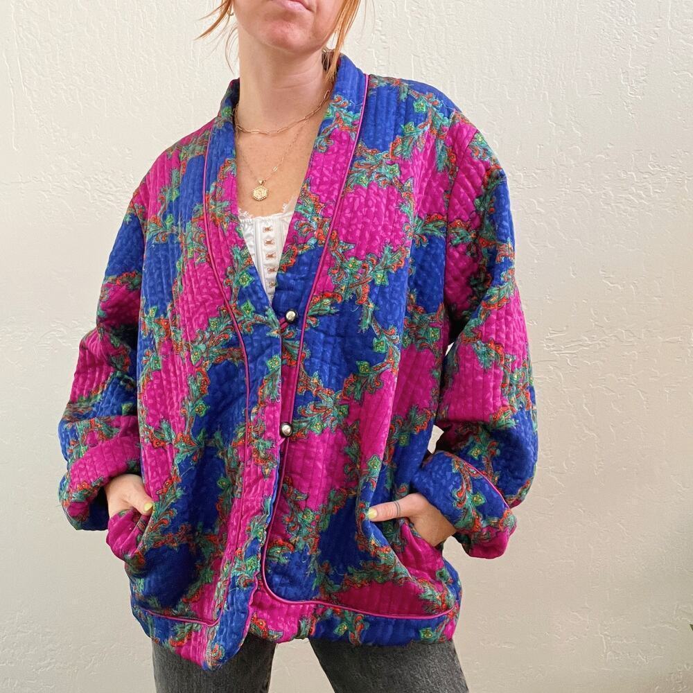 Vintage Style Quilted Blue Pink Paisley Button Up Jacket - Picture 3 of 7